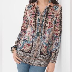 Chico's floral scroll-print button down blouse Size XL